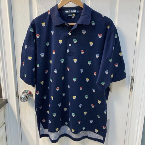 Vintage 90s Polo Golf Ralph Lauren Shields All Over Print Size Medium - Picture 1 of 6